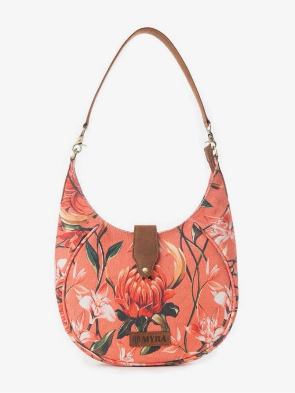 Myra Bag Coral Floral Crescent Shoulder Bag with Brown Trim